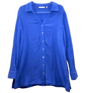 Soft Surroundings Women's Size Medium Blue Button-Up V-Neck Gauzy Tunic Top